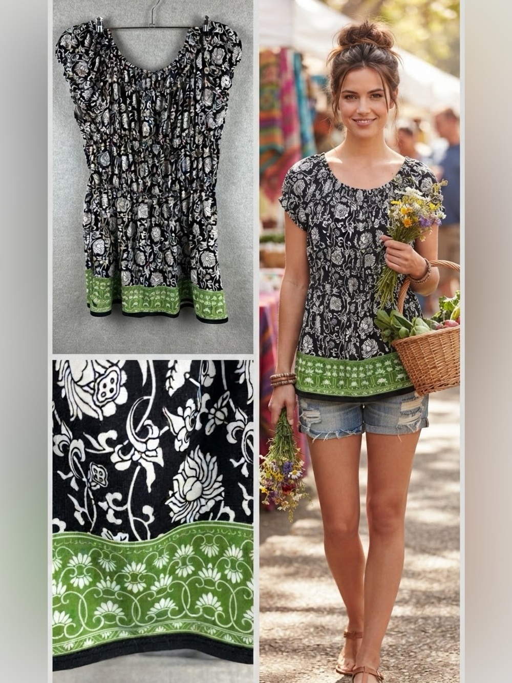 Black Green Floral Stretchy Blouse M L Femme Smocked Waist Botanical Milkmaid